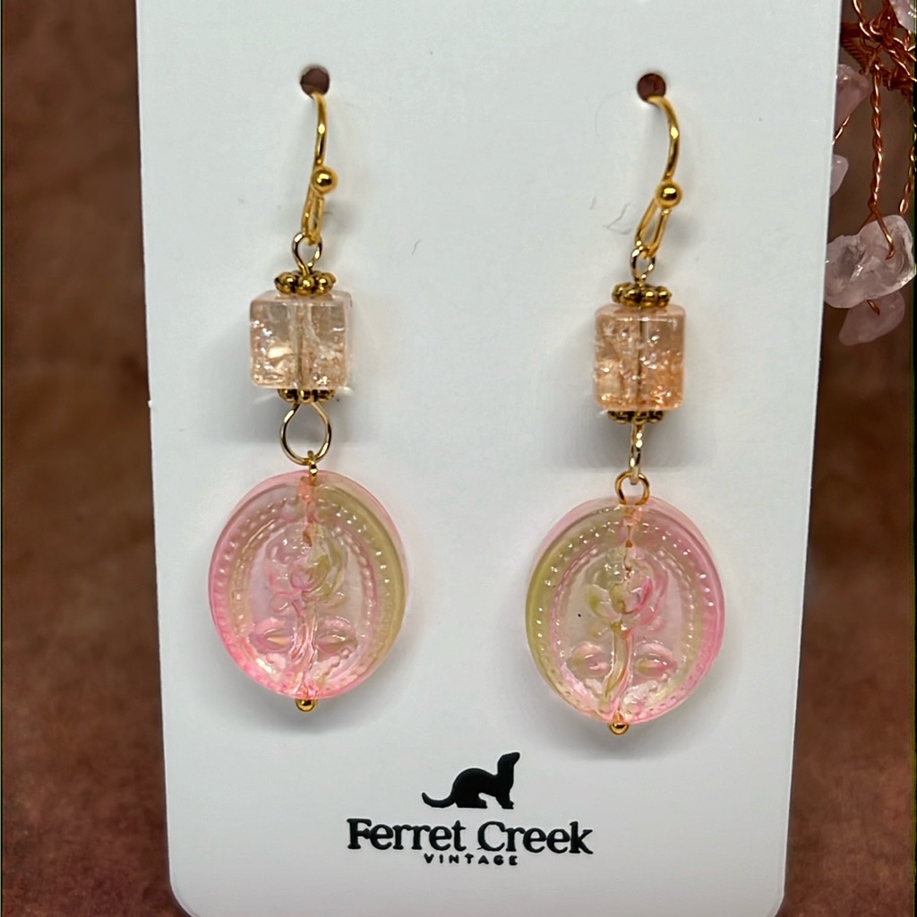 2 For $25 Handmade Artisan Glass Pale Pink Dangle Earrings Vintage Antique